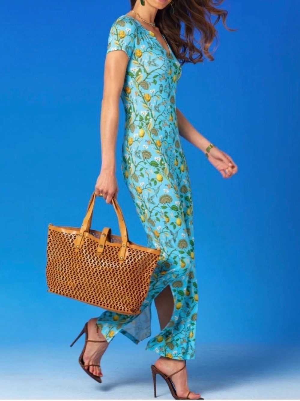 NicoBlu Flora modal bird floral print maxi Sun Dress with side slits, sz L, NWOT